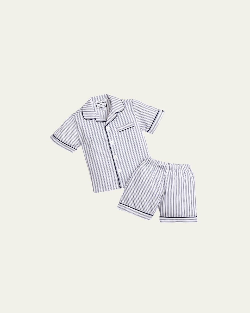 Boy's French Ticking Striped Pajama Set w/ Contrast Piping, Size 6M-14